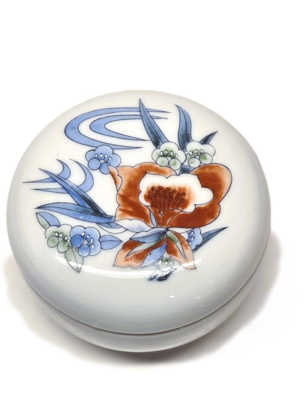 Takahashi Flora Trinket Box Round Porcelain Orange Blue Flower 2.75"